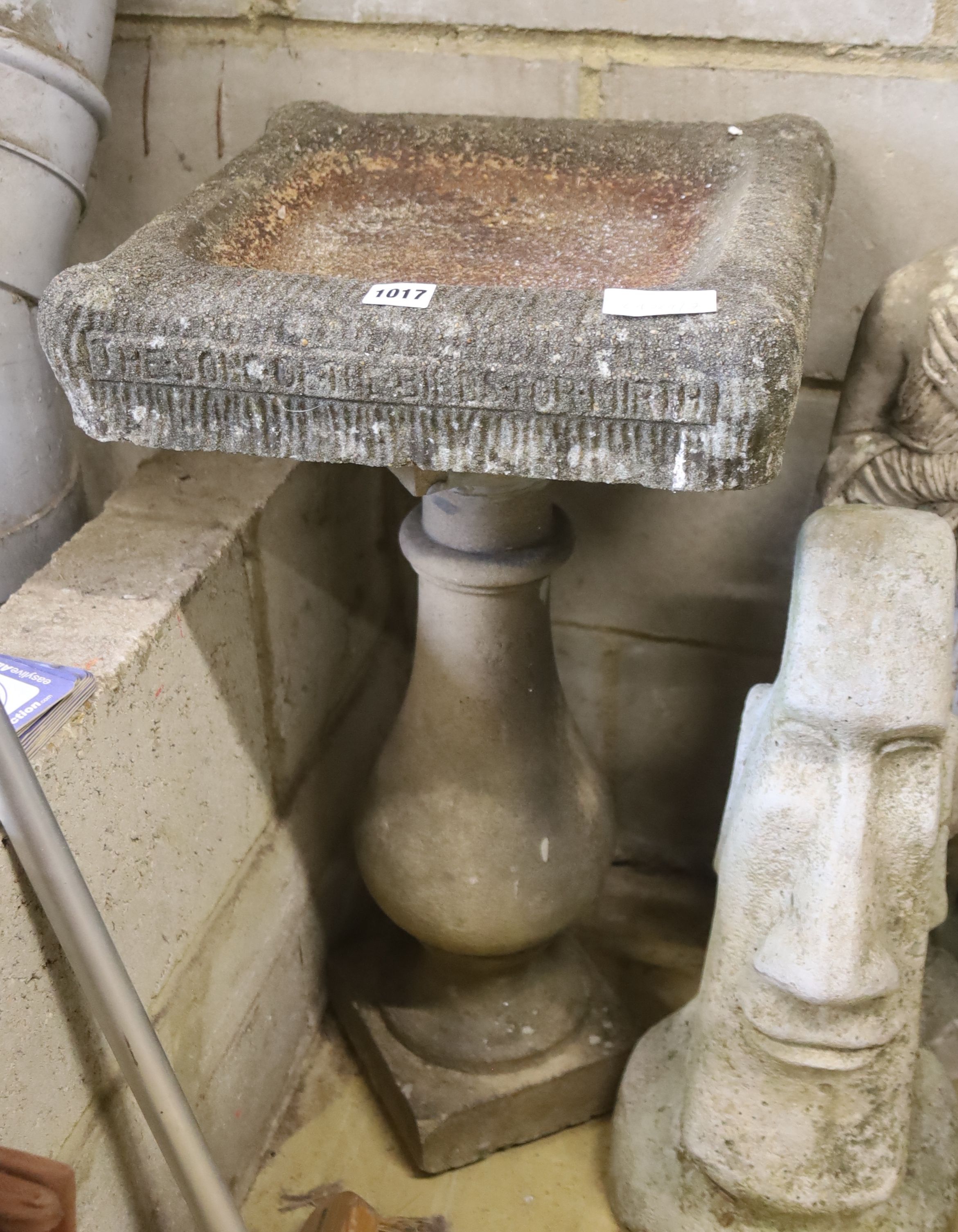 A square reconstituted stone garden bird bath, width 36cm, height 66cm